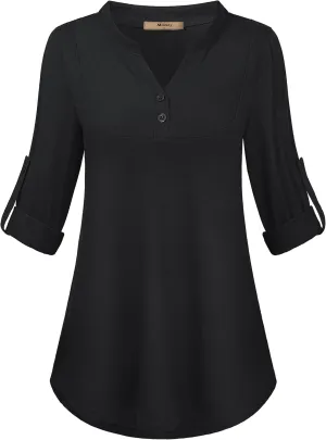Miusey Womens Buffalo Plaid Roll Sleeve V Neck Flowy Loose Tunic Blouse
