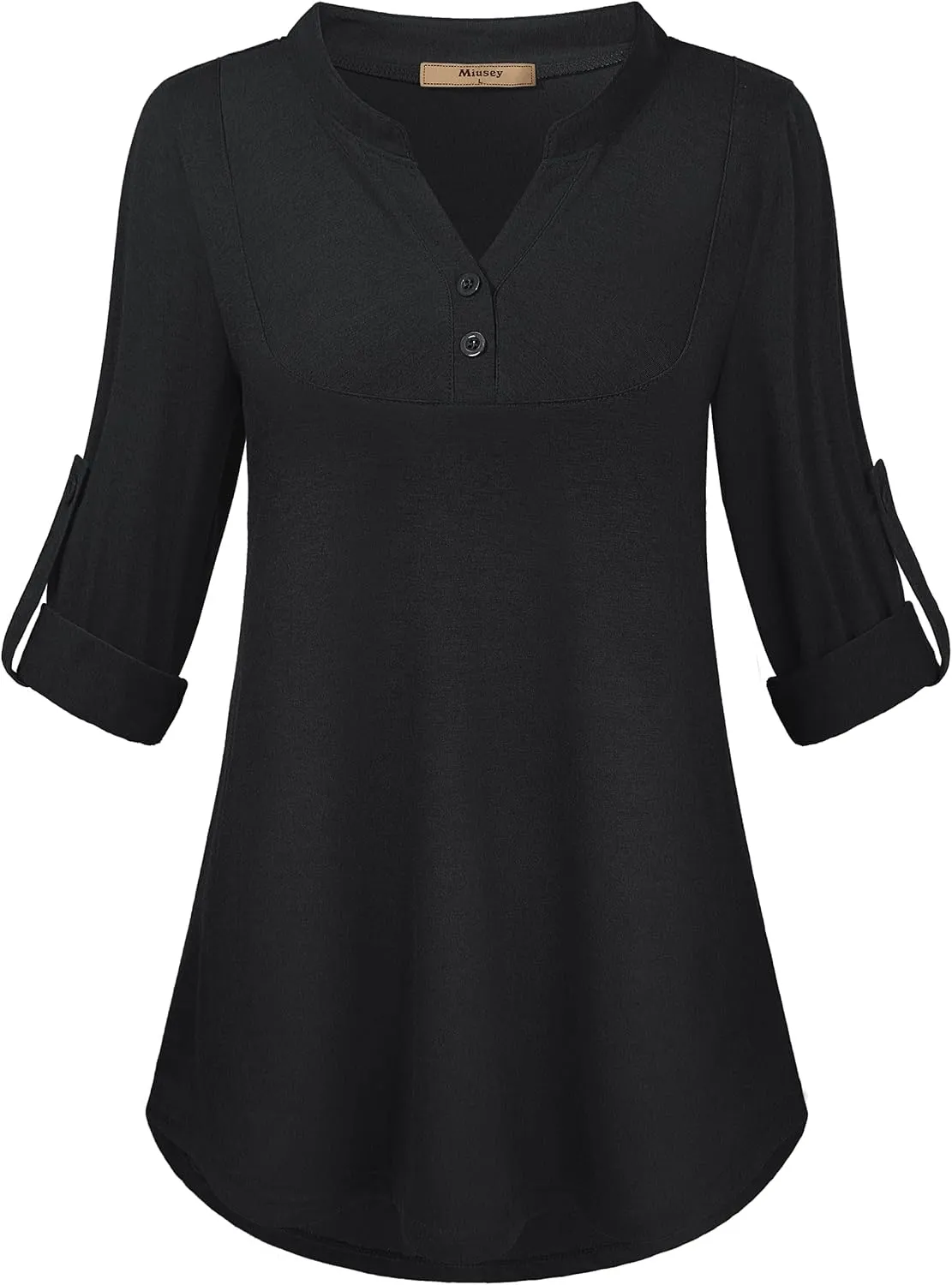 Miusey Womens Buffalo Plaid Roll Sleeve V Neck Flowy Loose Tunic Blouse