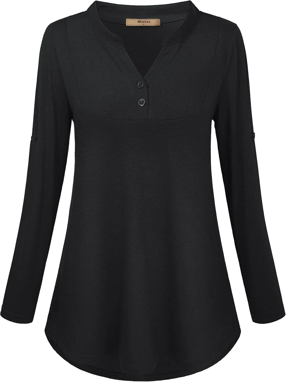 Miusey Womens Buffalo Plaid Roll Sleeve V Neck Flowy Loose Tunic Blouse