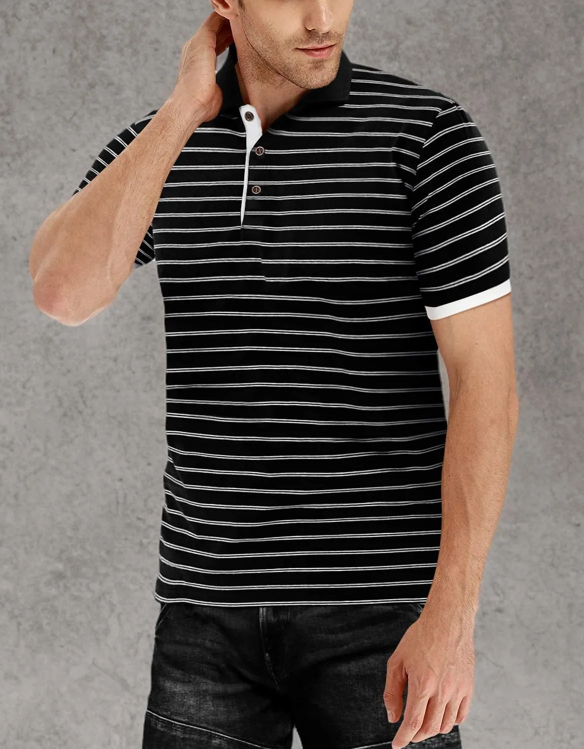 MLANM Men's Polo Shirt Short/Long Sleeve Casual Slim-fit Basic Designed Stripe Cotton Shirts