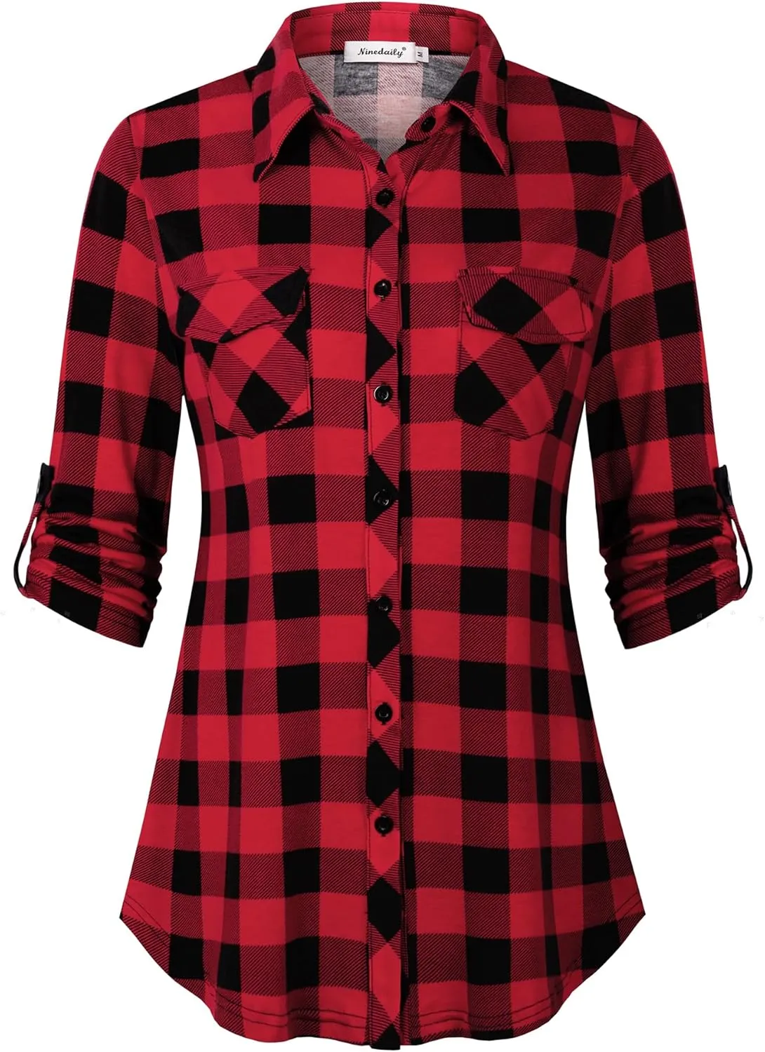 Ninedaily Women's Plaid Shirt Collared Button Down Blouse 3/4 Sleeve Tunic Tops