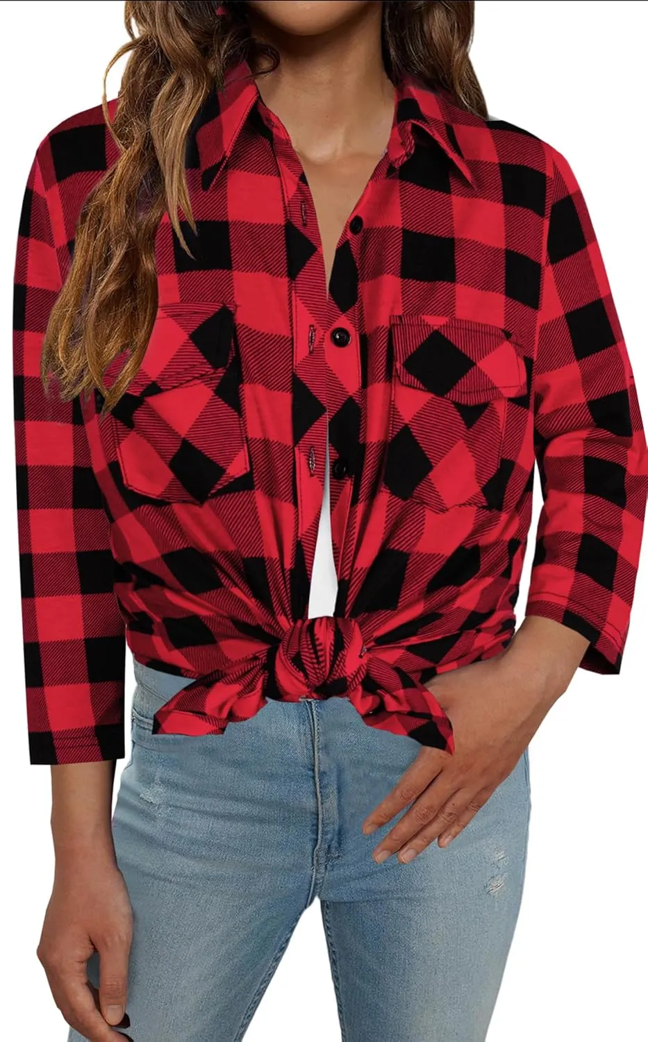 Ninedaily Women's Plaid Shirt Collared Button Down Blouse 3/4 Sleeve Tunic Tops