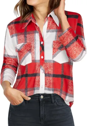 Ninedaily Women's Plaid Shirt Collared Button Down Blouse 3/4 Sleeve Tunic Tops