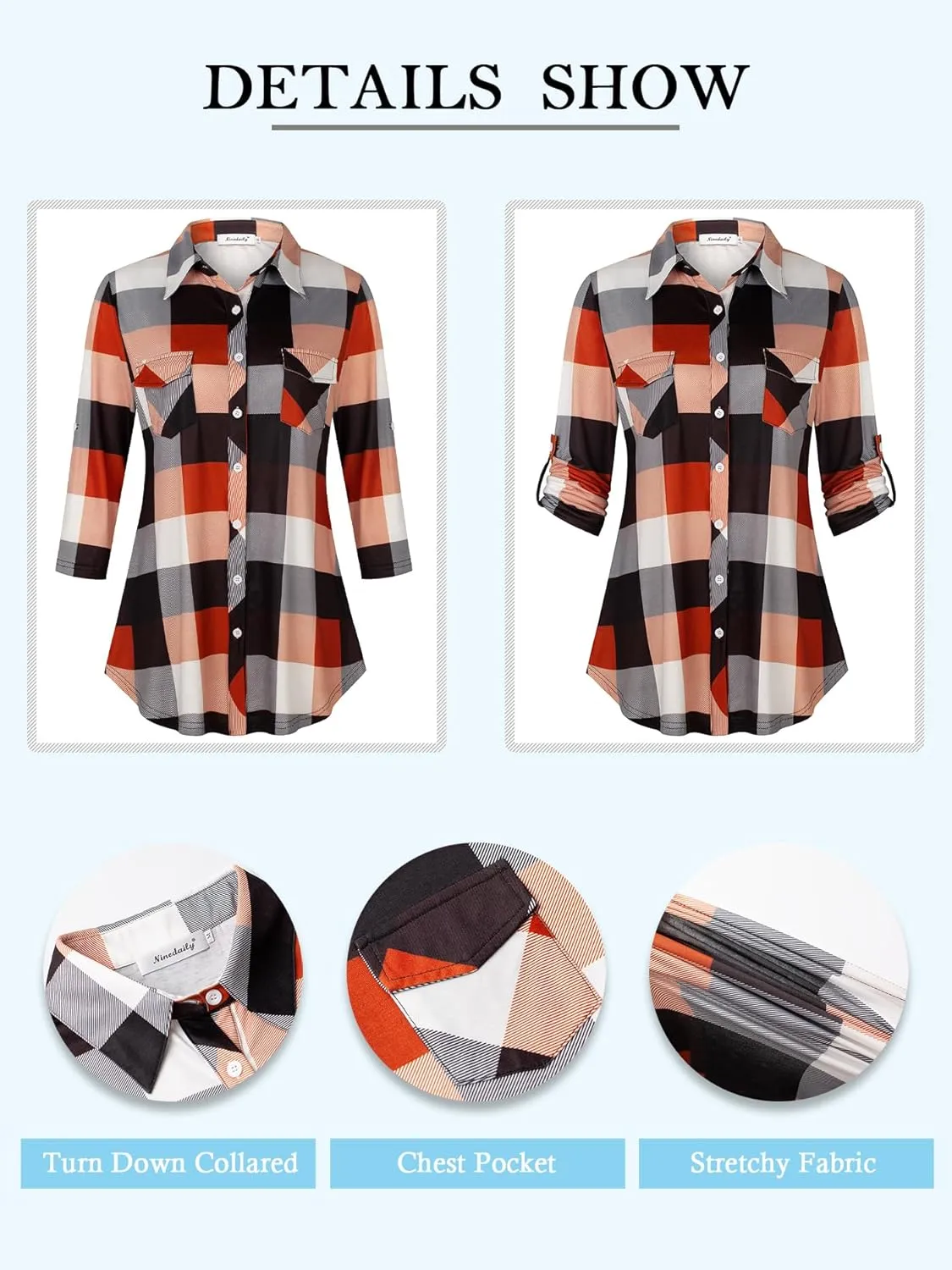 Ninedaily Women's Plaid Shirt Collared Button Down Blouse 3/4 Sleeve Tunic Tops
