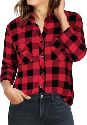 Ninedaily Women's Plaid Shirt Collared Button Down Blouse 3/4 Sleeve Tunic Tops