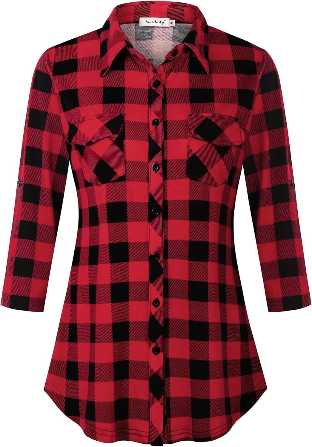 Ninedaily Women's Plaid Shirt Collared Button Down Blouse 3/4 Sleeve Tunic Tops