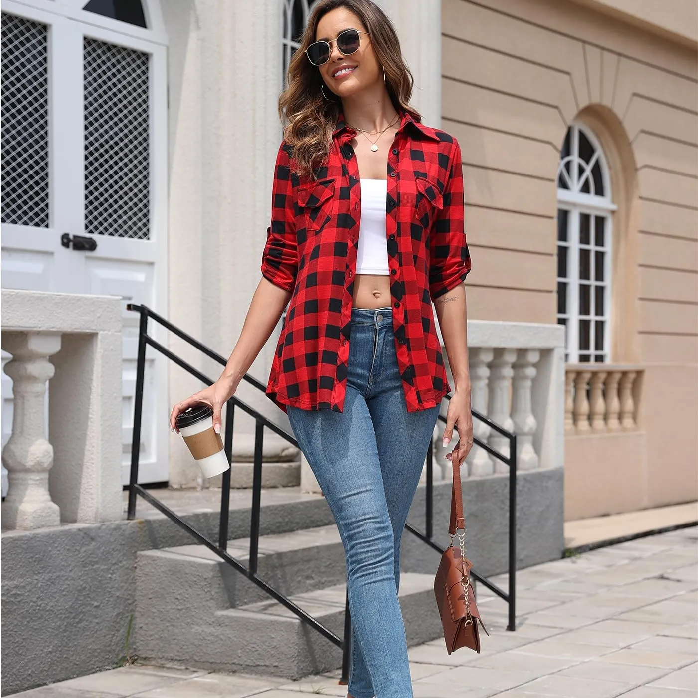 Ninedaily Women's Plaid Shirt Collared Button Down Blouse 3/4 Sleeve Tunic Tops