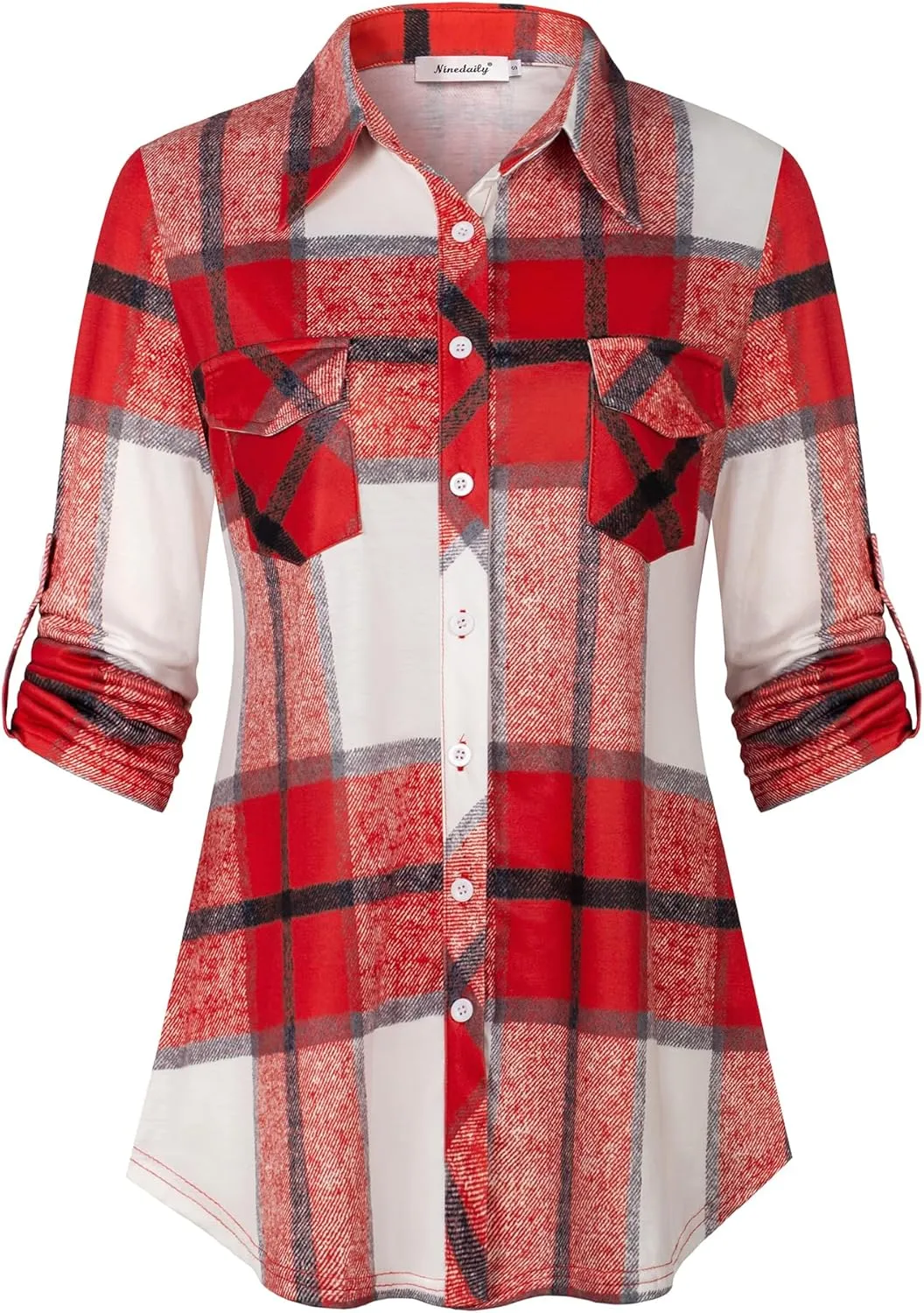 Ninedaily Women's Plaid Shirt Collared Button Down Blouse 3/4 Sleeve Tunic Tops