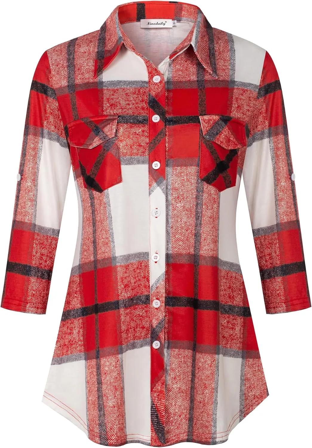 Ninedaily Women's Plaid Shirt Collared Button Down Blouse 3/4 Sleeve Tunic Tops