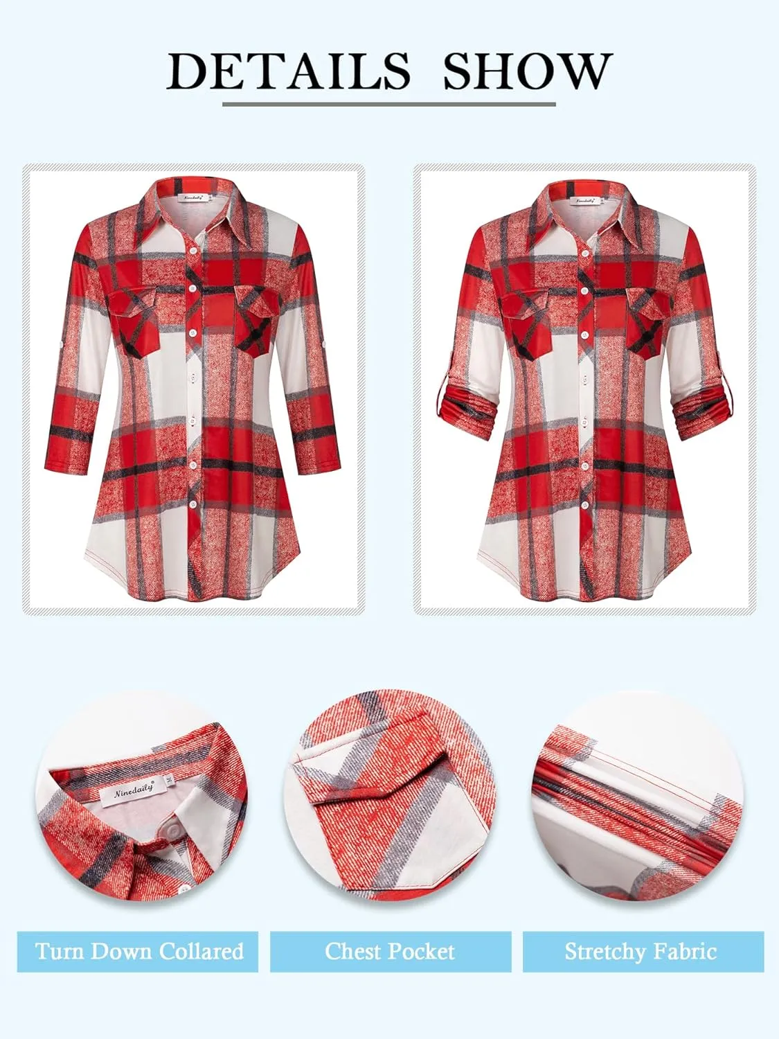 Ninedaily Women's Plaid Shirt Collared Button Down Blouse 3/4 Sleeve Tunic Tops
