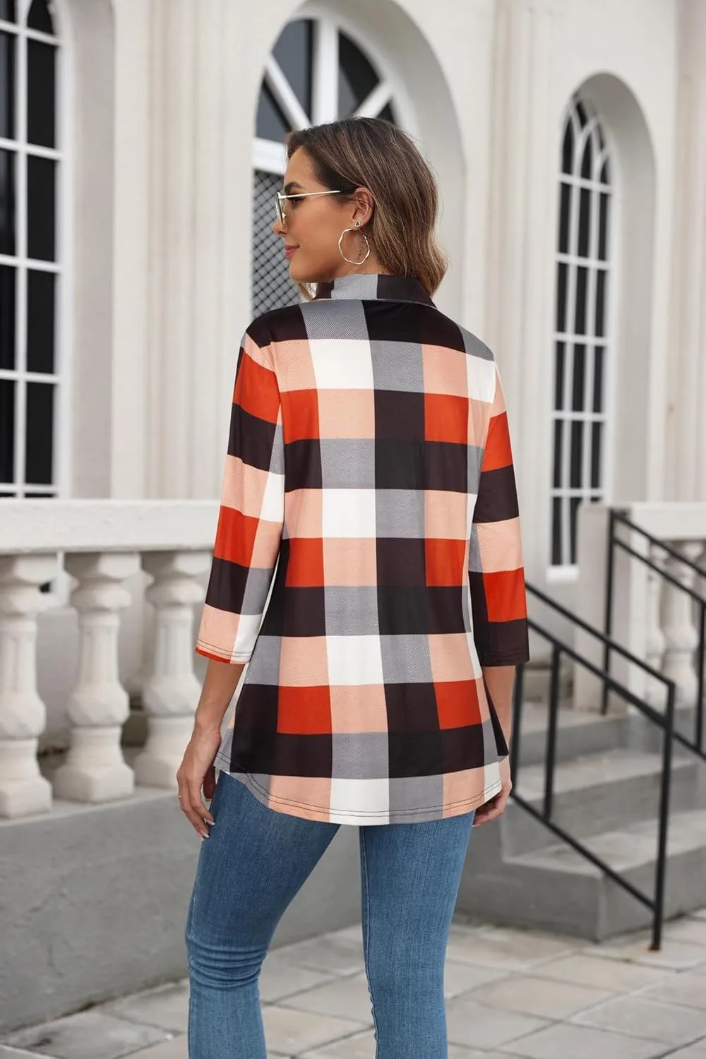 Ninedaily Women's Plaid Shirt Collared Button Down Blouse 3/4 Sleeve Tunic Tops