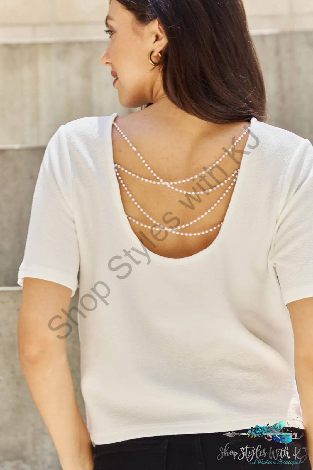 Pearly White Criss Cross Pearl Detail Open Back T-Shirt