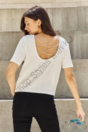 Pearly White Criss Cross Pearl Detail Open Back T-Shirt