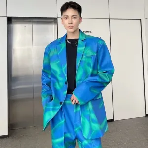 Printing Male Suit Jackets Vintage Turn-down Collar Contrast Color Baggy Men's Blazers Personality Spring Chic 9Y9253