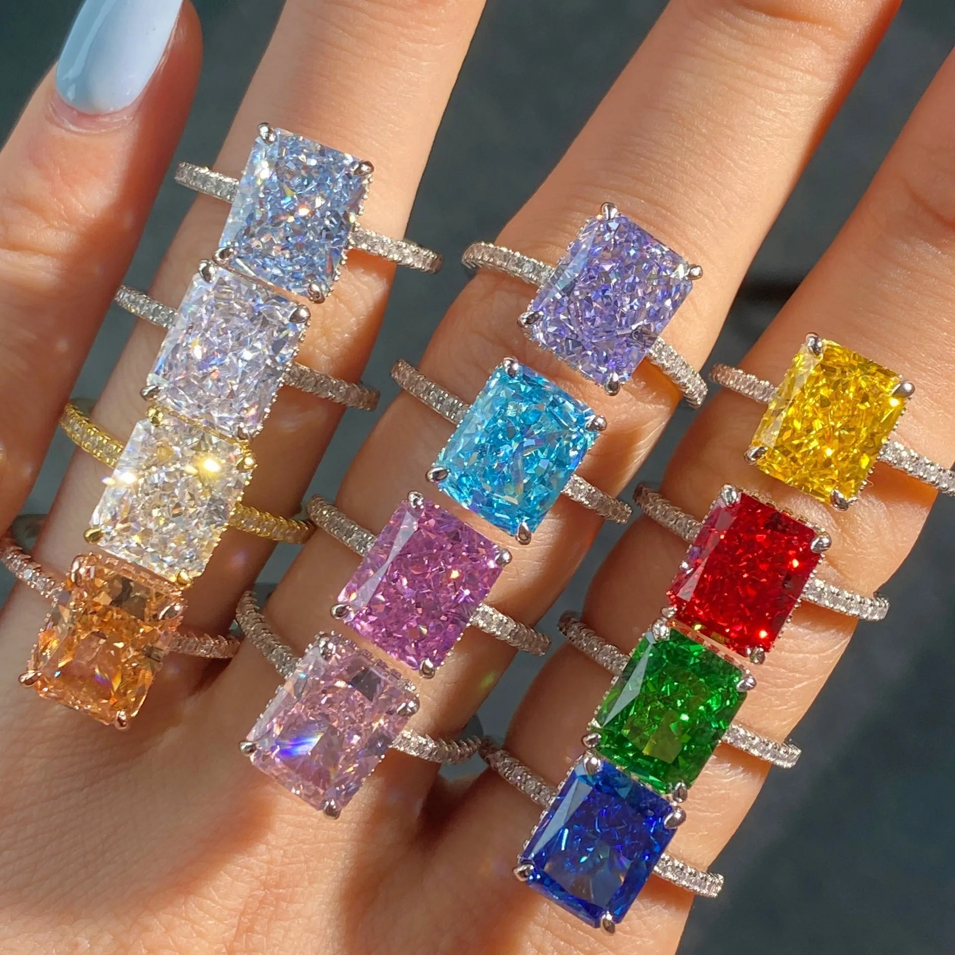 S925 Sterling Silver Ice Flower Cut French Super Sparkling Square Zircon Diamond Fashion Women's Ring