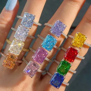 S925 Sterling Silver Ice Flower Cut French Super Sparkling Square Zircon Diamond Fashion Women's Ring