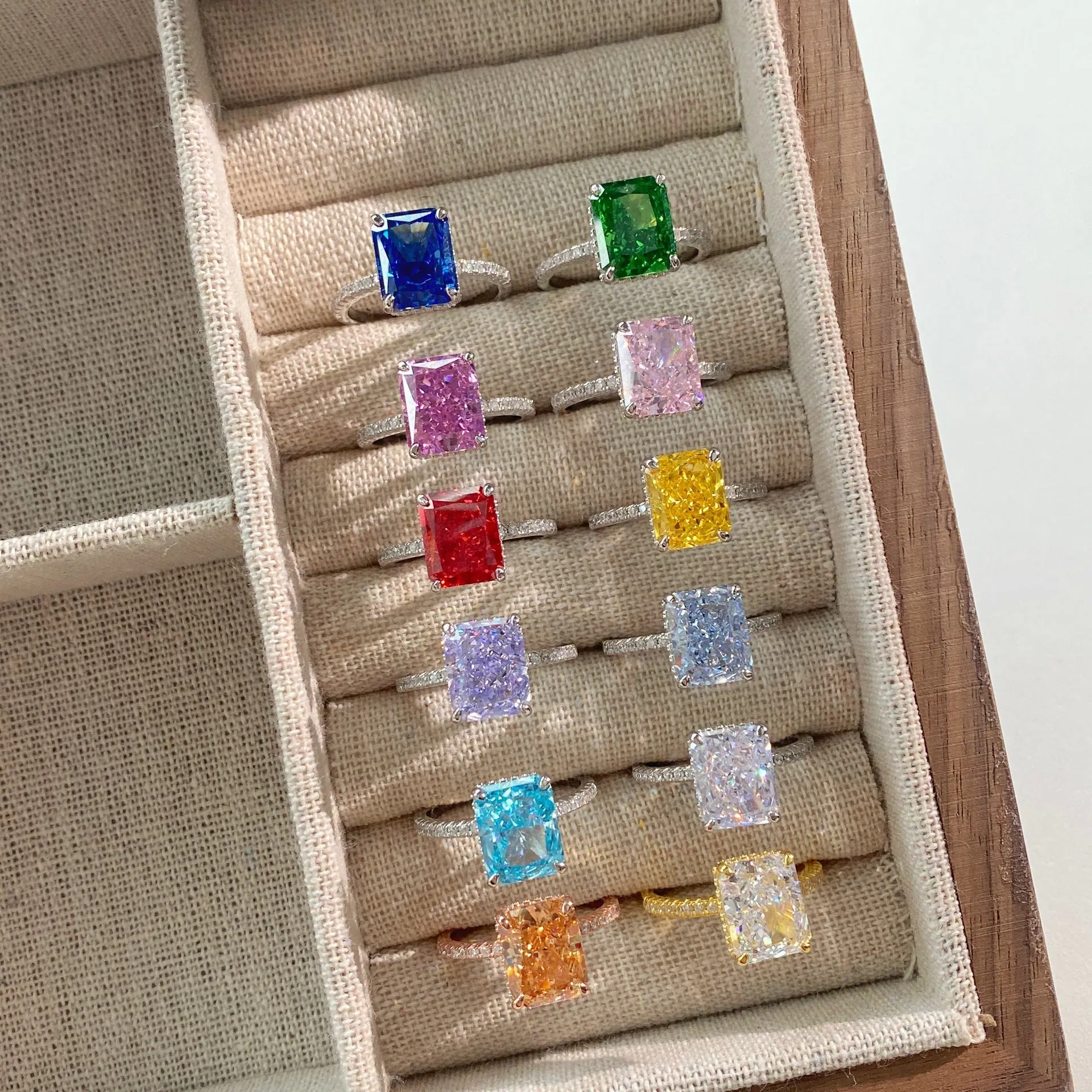 S925 Sterling Silver Ice Flower Cut French Super Sparkling Square Zircon Diamond Fashion Women's Ring