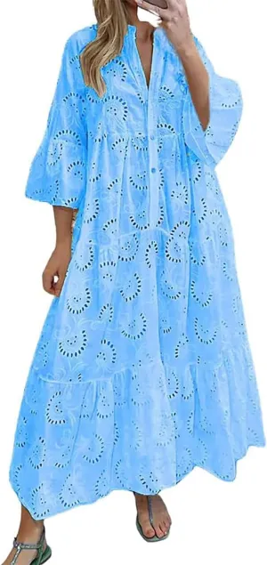 ThCreasa Womens V Neck Eyelet Embroidery Maxi Dresses Lace 3/4 Trumpet Sleeve Button Hollow Tiered Swing Long Dress