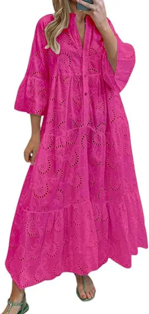 ThCreasa Womens V Neck Eyelet Embroidery Maxi Dresses Lace 3/4 Trumpet Sleeve Button Hollow Tiered Swing Long Dress