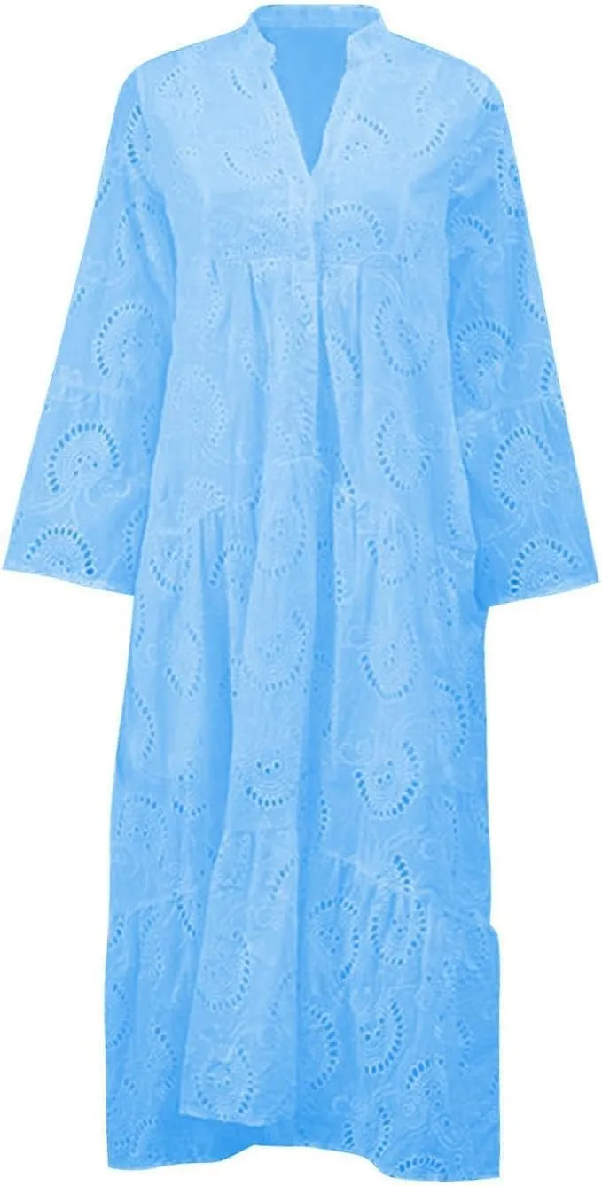 ThCreasa Womens V Neck Eyelet Embroidery Maxi Dresses Lace 3/4 Trumpet Sleeve Button Hollow Tiered Swing Long Dress