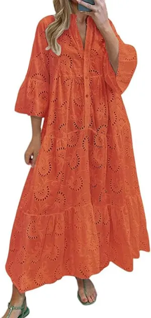 ThCreasa Womens V Neck Eyelet Embroidery Maxi Dresses Lace 3/4 Trumpet Sleeve Button Hollow Tiered Swing Long Dress