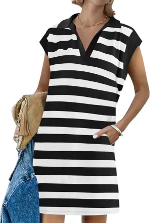Wenrine Womens Striped Summer Mini Dress Casual Cap Sleeve Polo V Neck T Shirt Dresses with Pockets