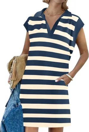 Wenrine Womens Striped Summer Mini Dress Casual Cap Sleeve Polo V Neck T Shirt Dresses with Pockets