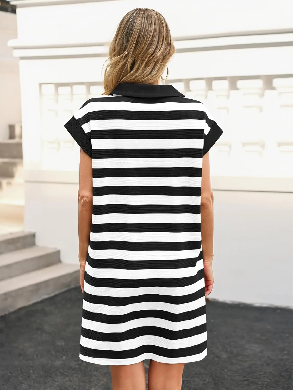 Wenrine Womens Striped Summer Mini Dress Casual Cap Sleeve Polo V Neck T Shirt Dresses with Pockets