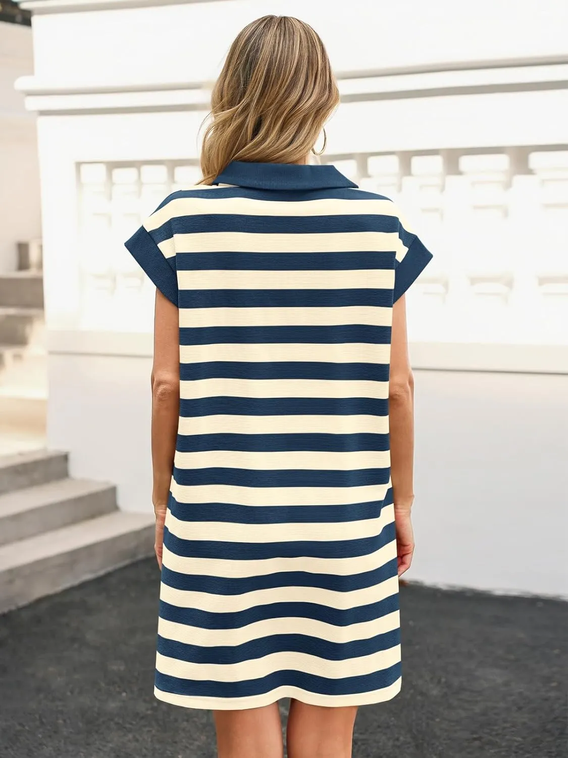 Wenrine Womens Striped Summer Mini Dress Casual Cap Sleeve Polo V Neck T Shirt Dresses with Pockets