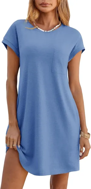 Wenrine Womens Summer T Shirt Dress Casual Short Sleeve Crewneck Loose Flowy Mini Dresses with Pockets