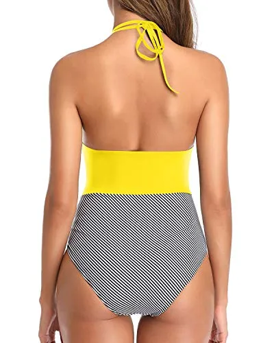 Women Sexy Plunge V Neck Tummy Control One Piece Swimsuit-Fluorescent Yellow Stripe