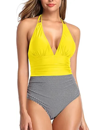 Women Sexy Plunge V Neck Tummy Control One Piece Swimsuit-Fluorescent Yellow Stripe