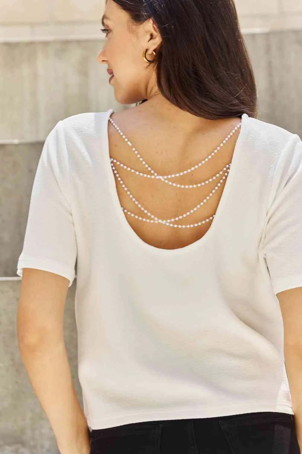 Women's And The Why Pearly White Full Size Criss Cross Pearl Detail Open Back T-Shirt