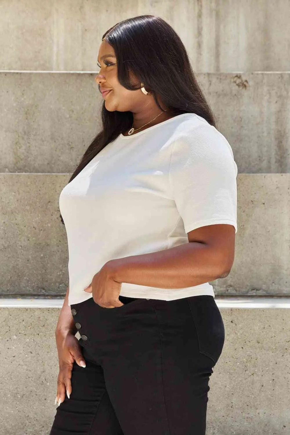 Women's And The Why Pearly White Full Size Criss Cross Pearl Detail Open Back T-Shirt