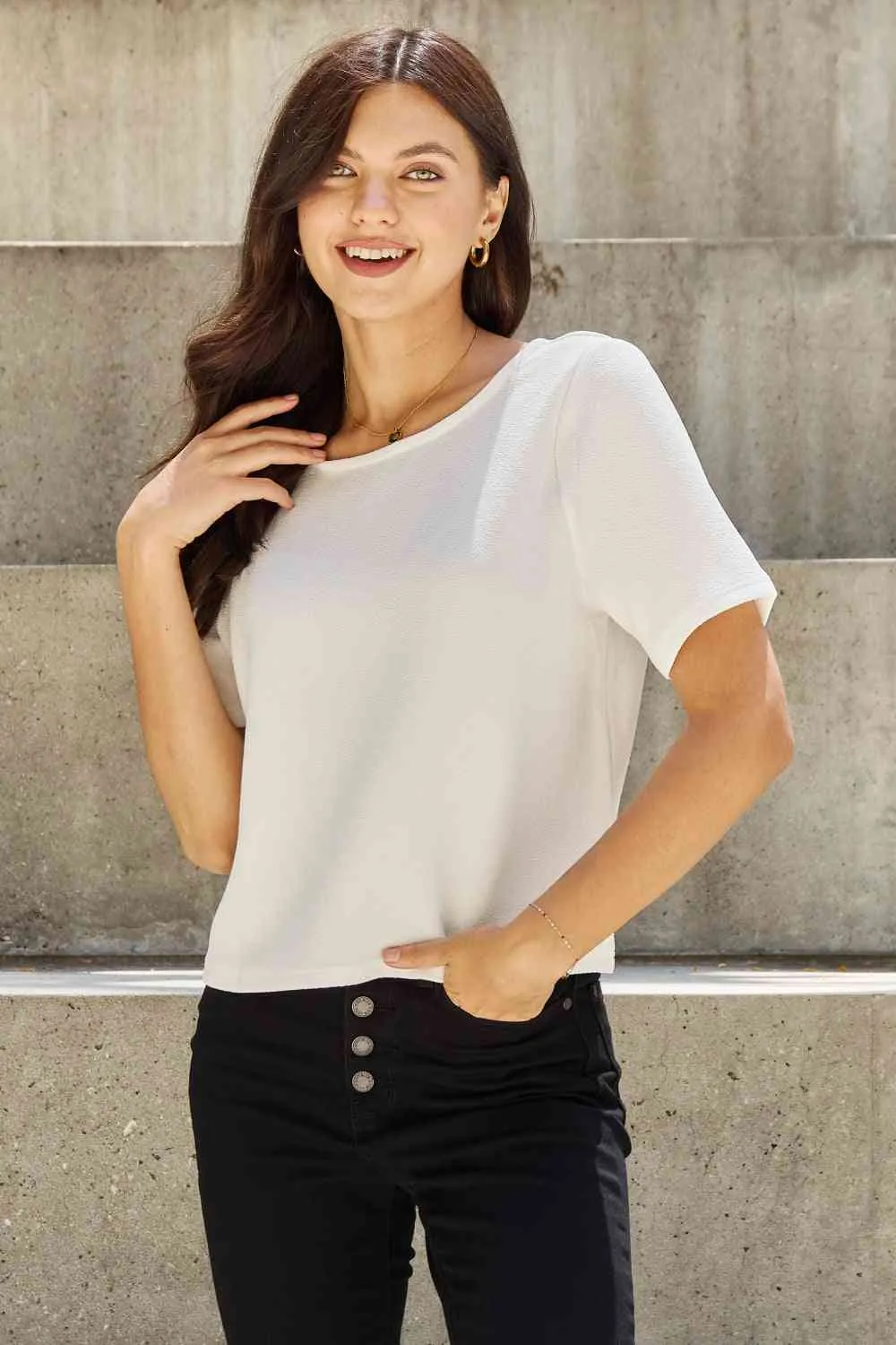 Women's And The Why Pearly White Full Size Criss Cross Pearl Detail Open Back T-Shirt