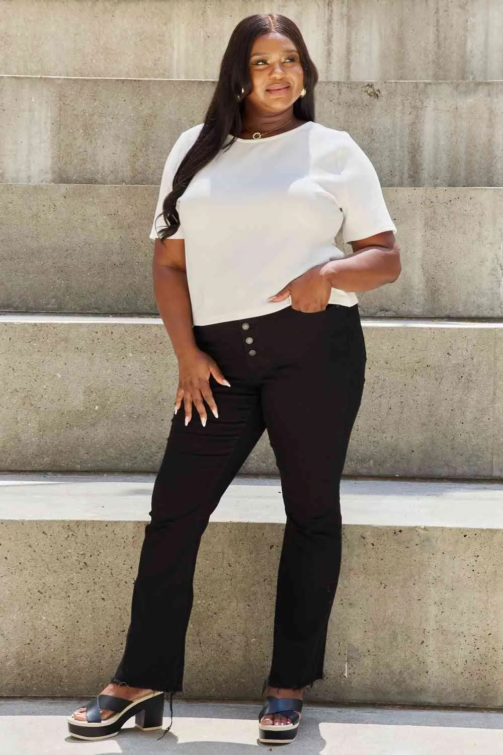 Women's And The Why Pearly White Full Size Criss Cross Pearl Detail Open Back T-Shirt
