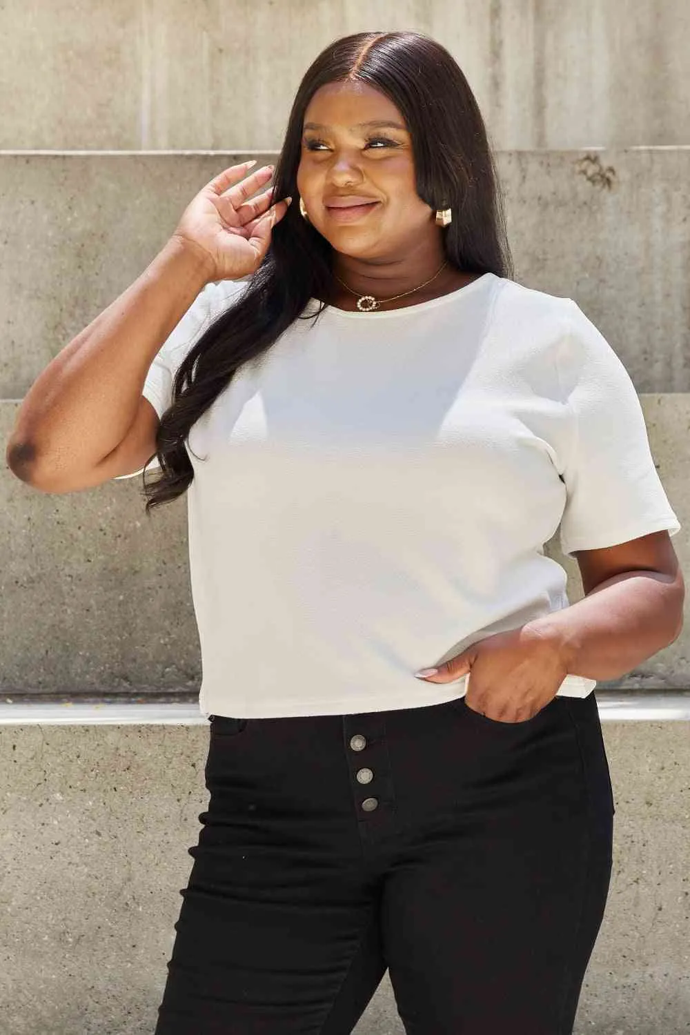 Women's And The Why Pearly White Full Size Criss Cross Pearl Detail Open Back T-Shirt