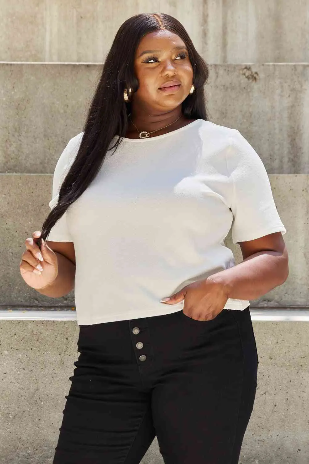 Women's And The Why Pearly White Full Size Criss Cross Pearl Detail Open Back T-Shirt