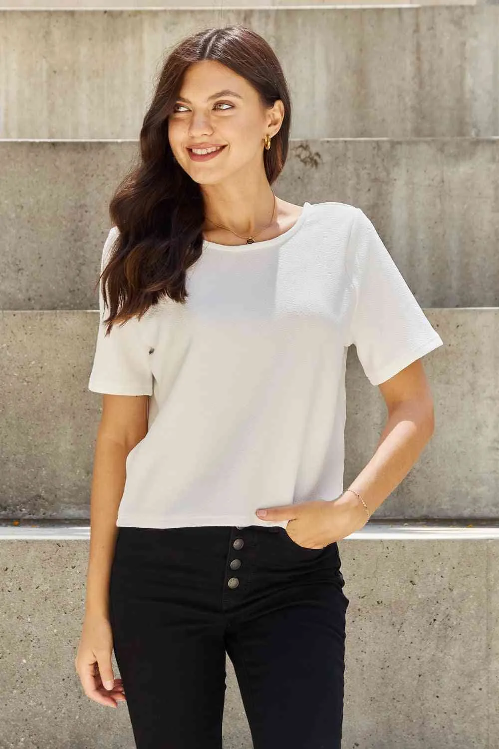 Women's And The Why Pearly White Full Size Criss Cross Pearl Detail Open Back T-Shirt