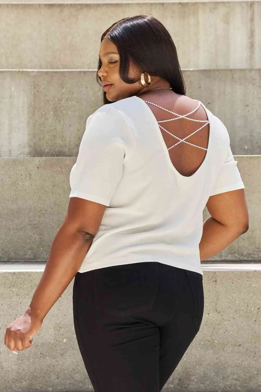 Women's And The Why Pearly White Full Size Criss Cross Pearl Detail Open Back T-Shirt