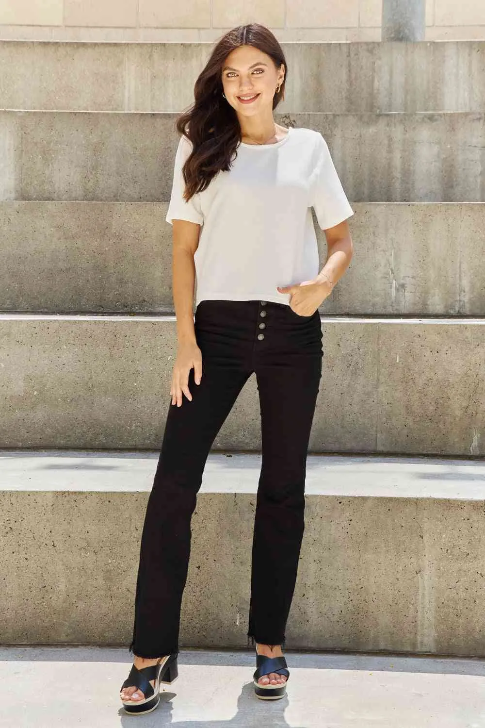 Women's And The Why Pearly White Full Size Criss Cross Pearl Detail Open Back T-Shirt