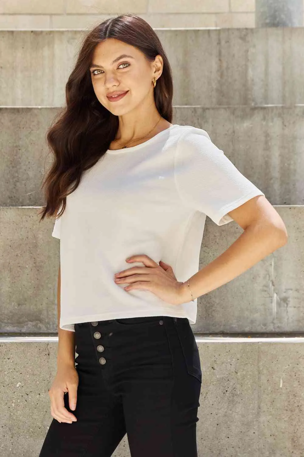 Women's And The Why Pearly White Full Size Criss Cross Pearl Detail Open Back T-Shirt