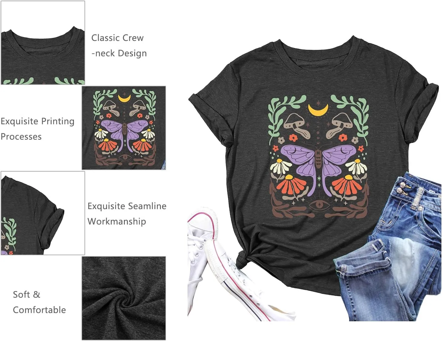 Women's Boho Butterflies Shirts Moon Moth Flower Tshirt Botanical Bee Print Tee Nature Lovers Tops