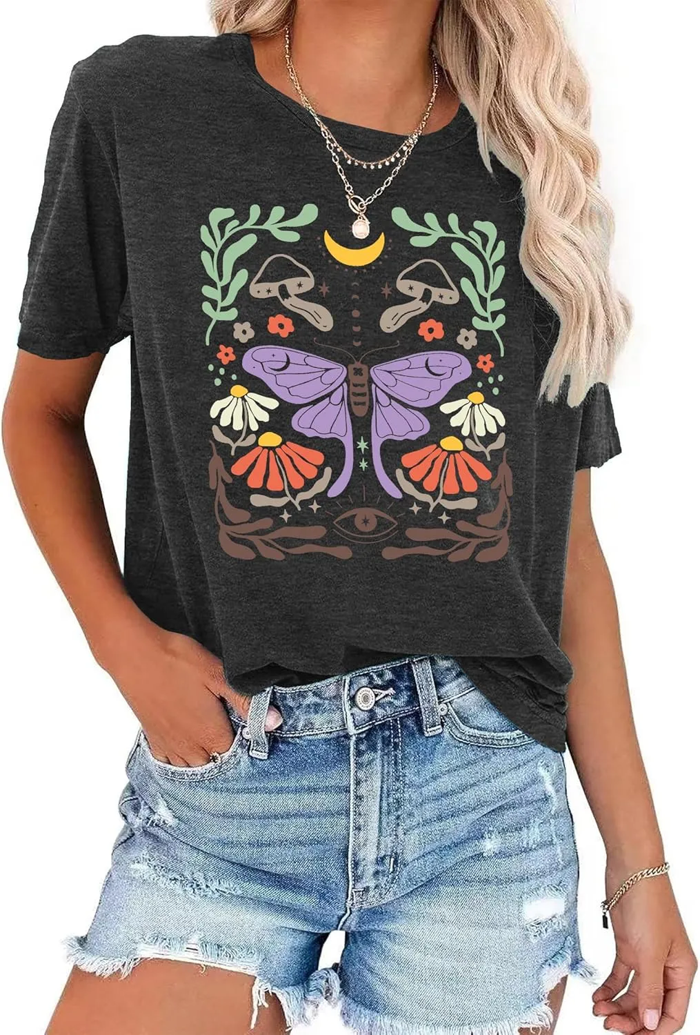 Women's Boho Butterflies Shirts Moon Moth Flower Tshirt Botanical Bee Print Tee Nature Lovers Tops