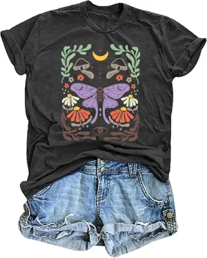 Women's Boho Butterflies Shirts Moon Moth Flower Tshirt Botanical Bee Print Tee Nature Lovers Tops