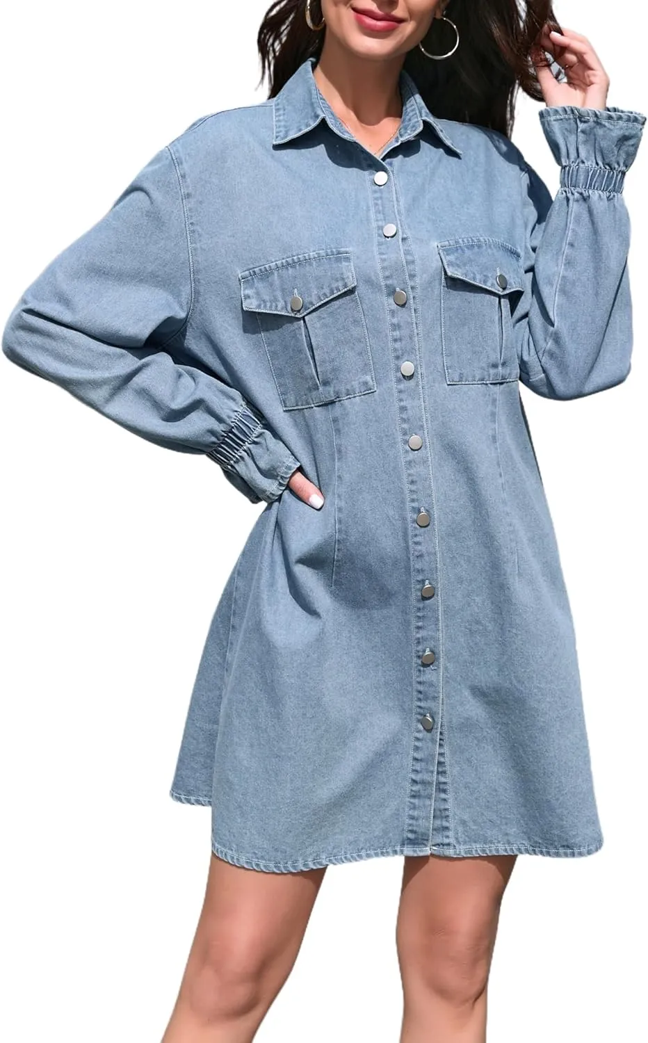 Women's Denim Shirt Dress Long Sleeve Button Down Casual Jean Dress with Elastic Cuffs
