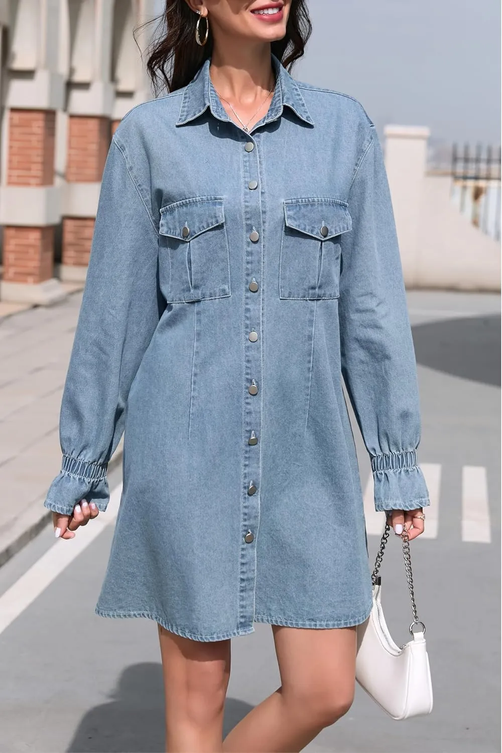 Women's Denim Shirt Dress Long Sleeve Button Down Casual Jean Dress with Elastic Cuffs