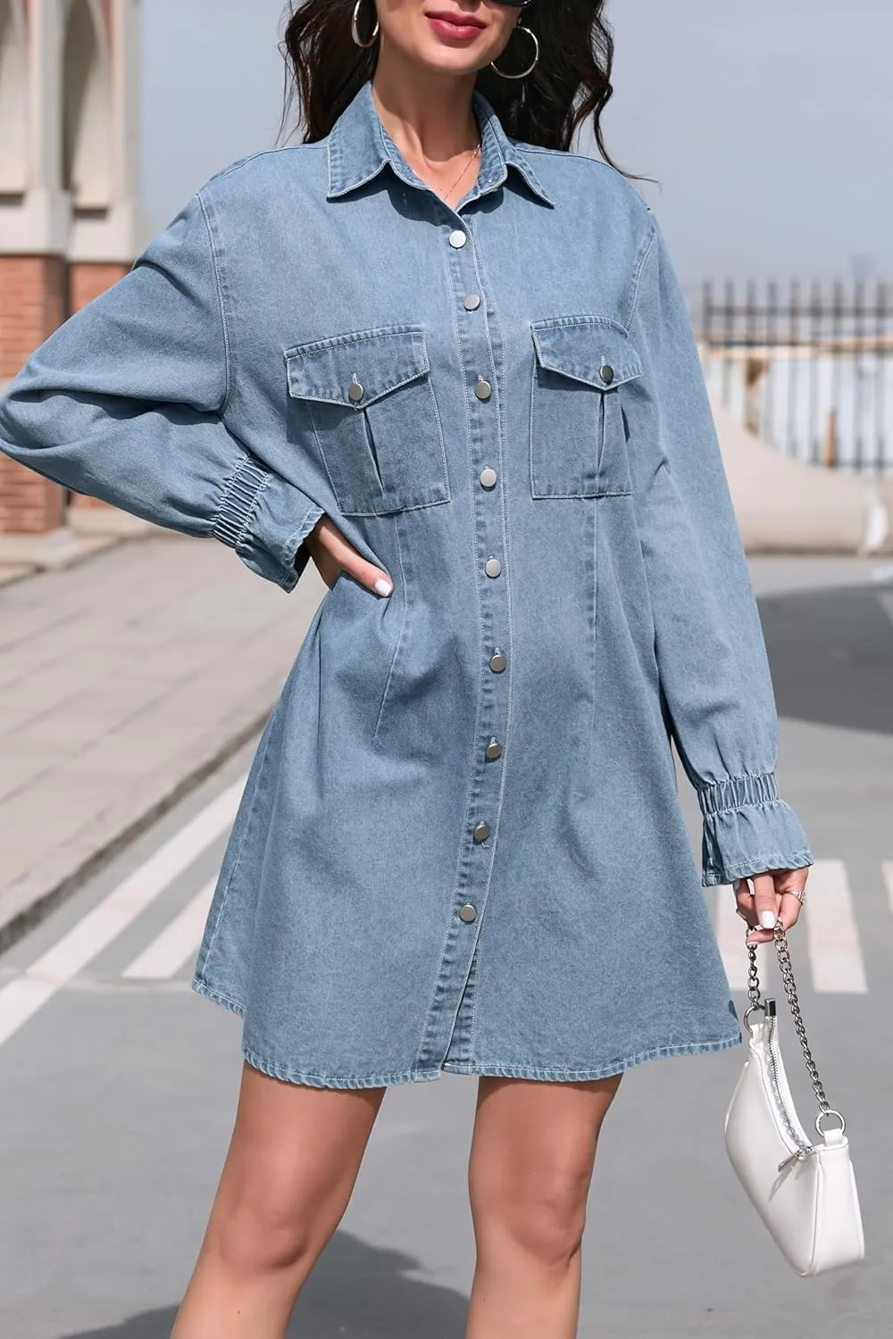 Women's Denim Shirt Dress Long Sleeve Button Down Casual Jean Dress with Elastic Cuffs
