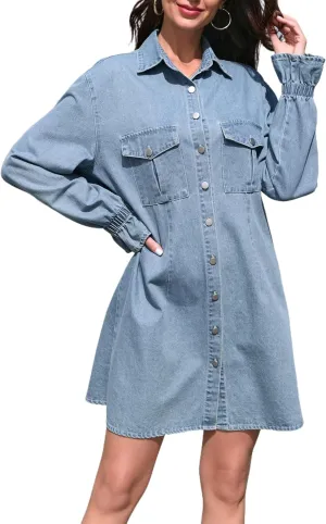 Women's Denim Shirt Dress Long Sleeve Button Down Casual Jean Dress with Elastic Cuffs