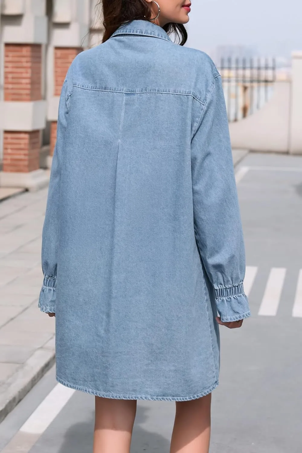 Women's Denim Shirt Dress Long Sleeve Button Down Casual Jean Dress with Elastic Cuffs